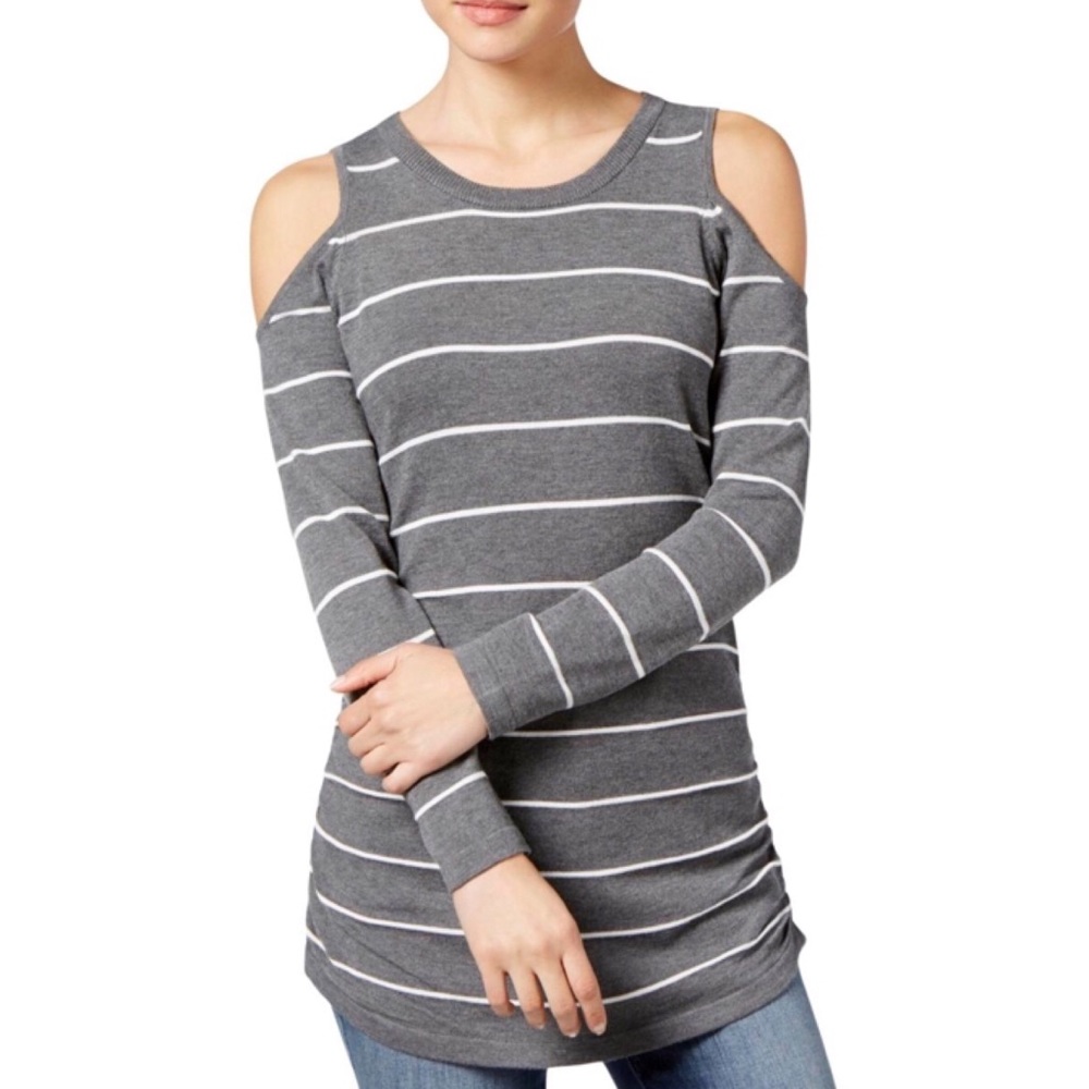 Hippie Rose Ruched Cold-Shoulder Sweater Gray